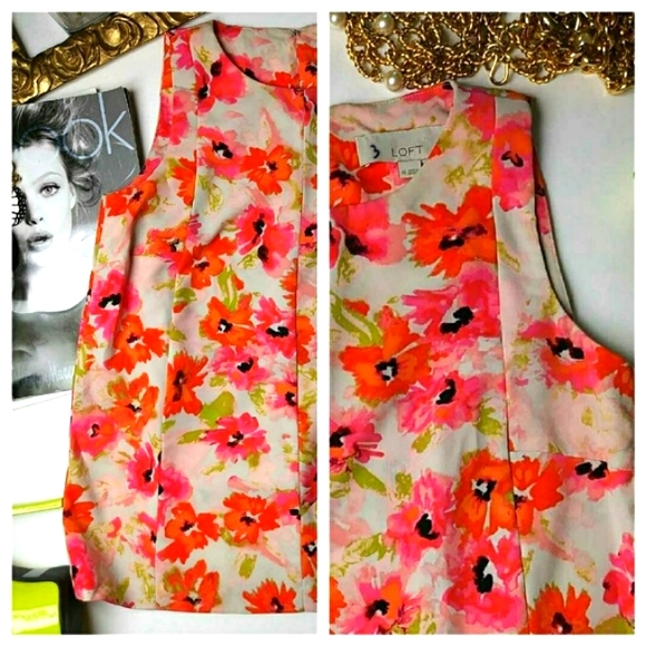 "Ann Taylor Loft" Vibrate Bold Sleeveless Floral Scoop Neck Tunic Top - Picture 5 of 6